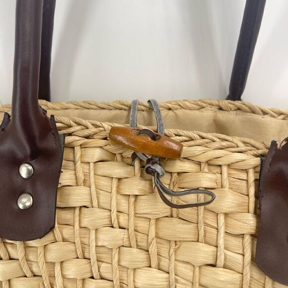 Womens Shoulder Bag Straw Fabric Lining Inner Pocket Beige rattan boho cottageco - Picture 13 of 15